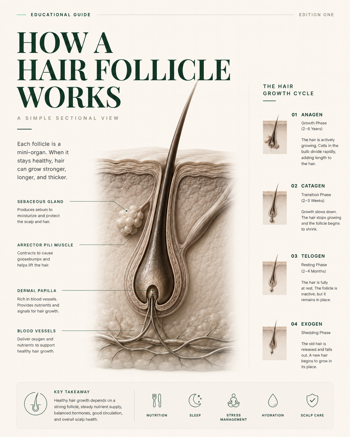 Sectional diagram of a hair follicle showing the sebaceous gland, arrector pili muscle, dermal papilla and blood vessels, alongside the four phases of the hair growth cycle